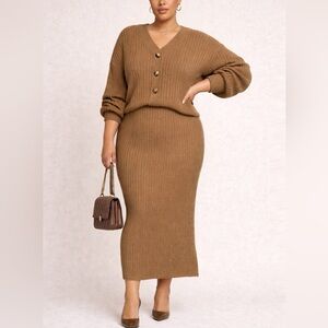 Chic Tan Knit Pencil Skirt Set